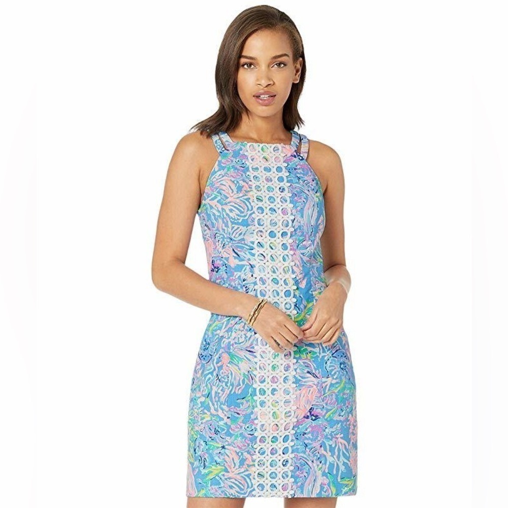LILLY PULITZER PEARL STRETCH SHIFT Lace DRESS Multi All Together Now SZ 2 flower
